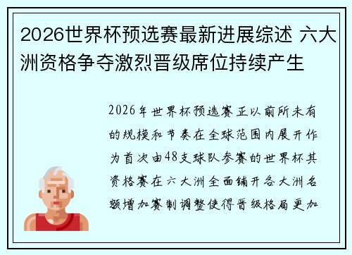 2026世界杯预选赛最新进展综述 六大洲资格争夺激烈晋级席位持续产生 2026世界杯预选赛最新进展综述 六大洲资格争夺激烈晋级席位持续产生