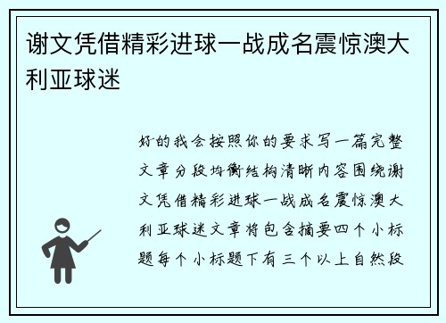 谢文凭借精彩进球一战成名震惊澳大利亚球迷